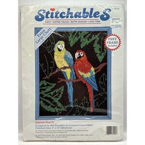 NOS Stitchables Dimensions Parrot Perch Counted Cross Stitch Kit #72105 Frame